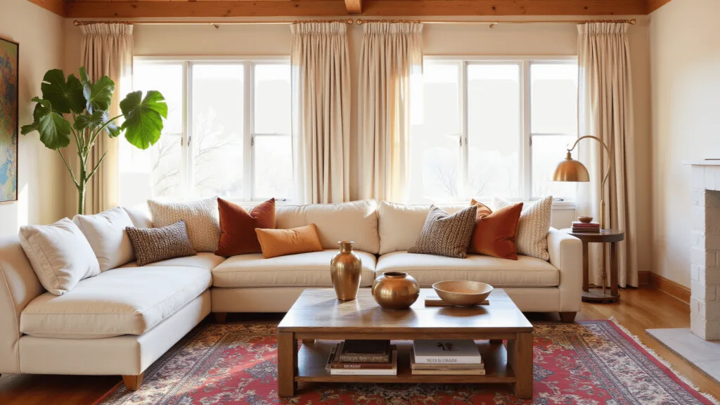 "Warm, cozy modern rustic living room with high wooden beams, linen sofa, Persian rug, brass floor lamps, and fiddle leaf fig plant at golden hour"