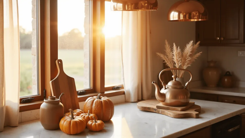 "Sunlit farmhouse kitchen with vintage copper kettle, small pumpkins, and dried wheat on countertop during golden hour"