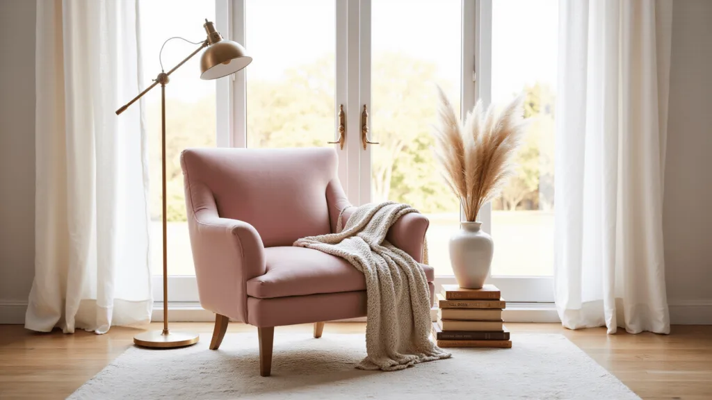 "Cozy reading nook with blush pink velvet chair, brass lamp, vintage books and pampas grass vase in natural sunlight"