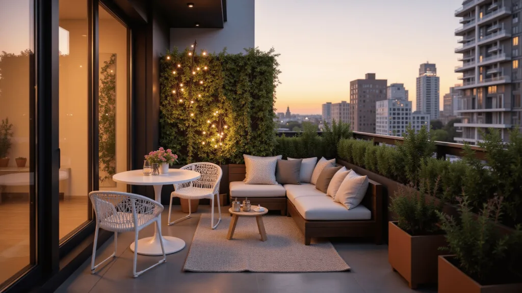 "Urban balcony during sunset with modern furniture, string lights, Mediterranean plants and city views in the background"