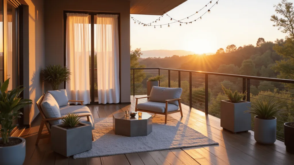 "Modern balcony with gray furniture and succulents in concrete planters at golden hour"
