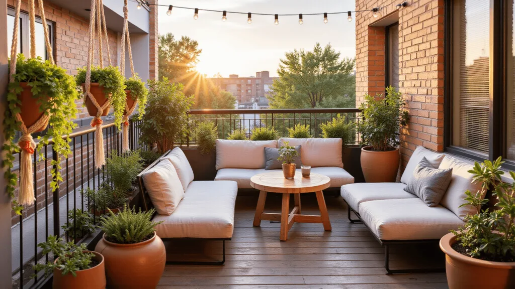 "Urban balcony oasis with bistro set, hanging plants, string lights, and sunset rays"