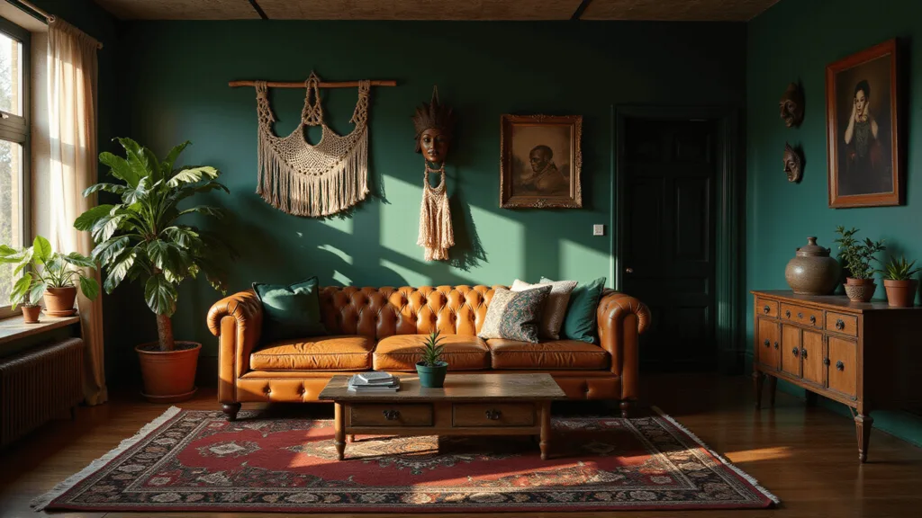 "Dark boho living room with emerald walls, cognac leather sofa, vintage decor under an atmospheric golden hour lighting"