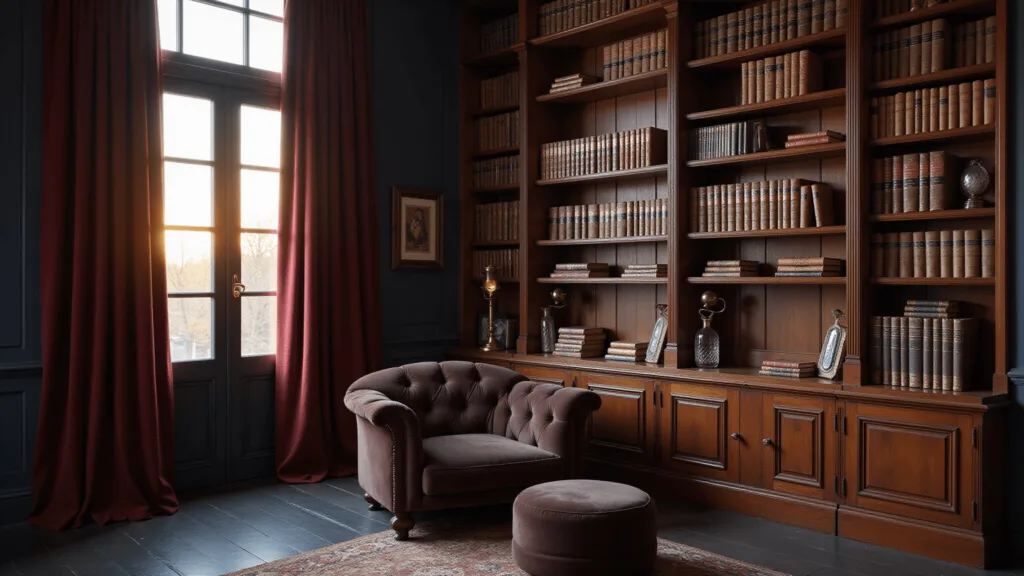 "Dark aesthetic home library with mahogany shelves, navy walls, and copper accents lit by golden hour sunlight"