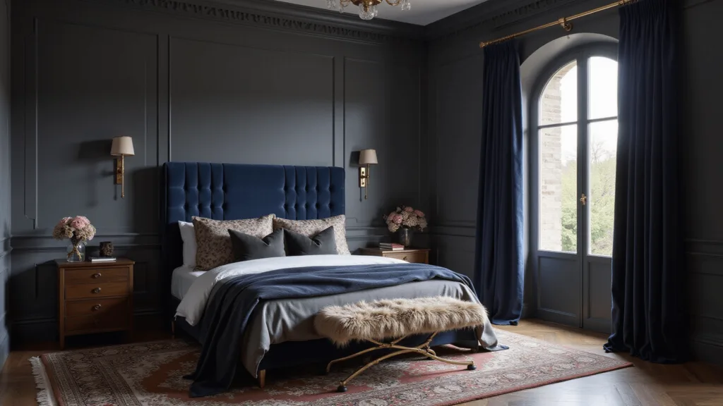 "Luxurious dark bedroom with charcoal gray walls, navy velvet tufted headboard, brass sconces, silk and fur pillows, all in dramatic morning lighting"