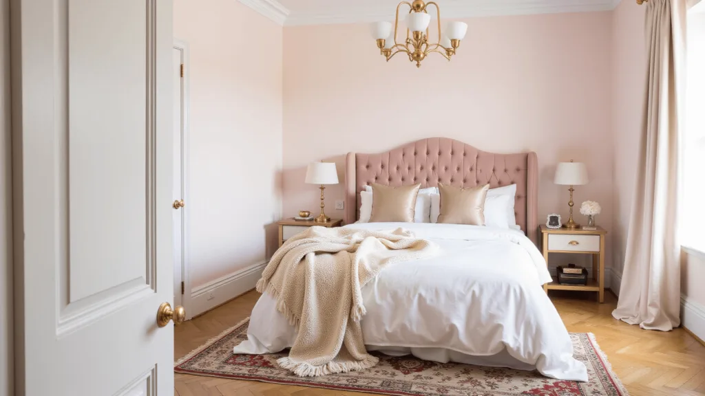"Dreamy pink bedroom with blush velvet headboard, golden accessories, white linen bedding, and a Persian rug on a bright background"