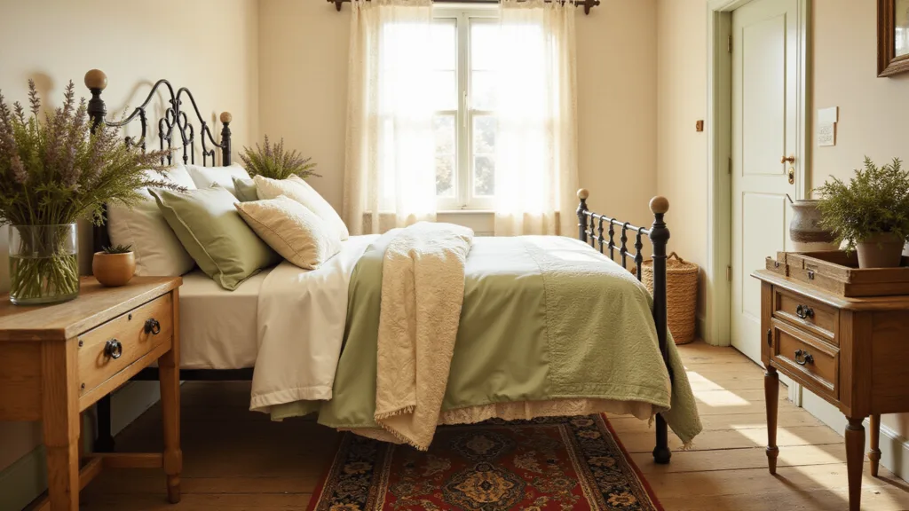 "Cottagecore bedroom with vintage iron bed, lace curtains, dried flowers and golden-hour lighting"