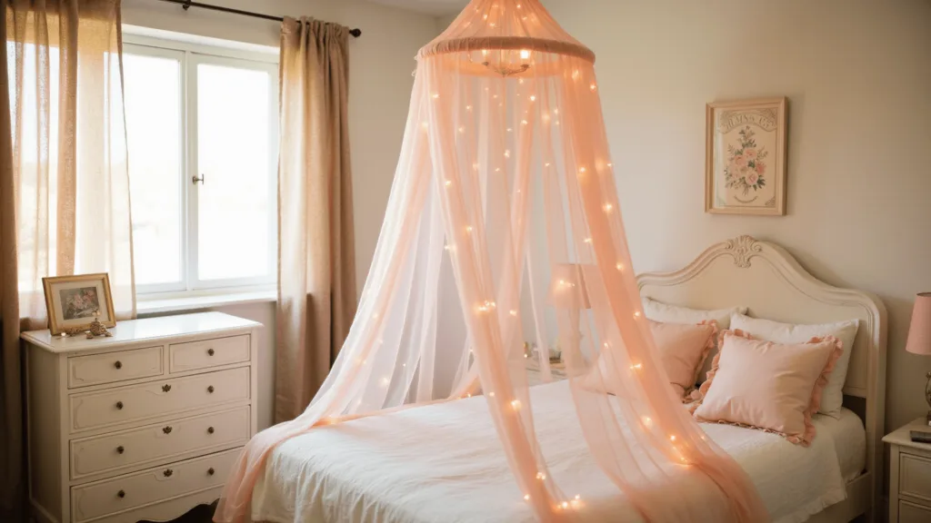 "Girl's bedroom with pink tulle draped canopy bed, French vintage dresser, and fairy lights in sunlit room"