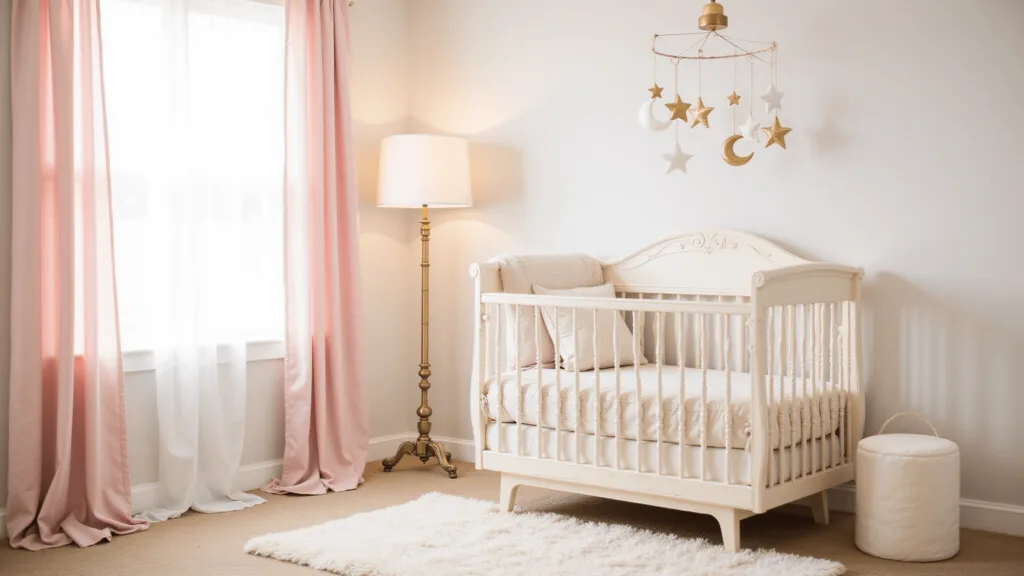 "Dreamy nursery with soft pink and white decor, white crib with cream linens, rose gold accents, vintage lamp, celestial mobile and gentle morning light filtering through sheer curtains"