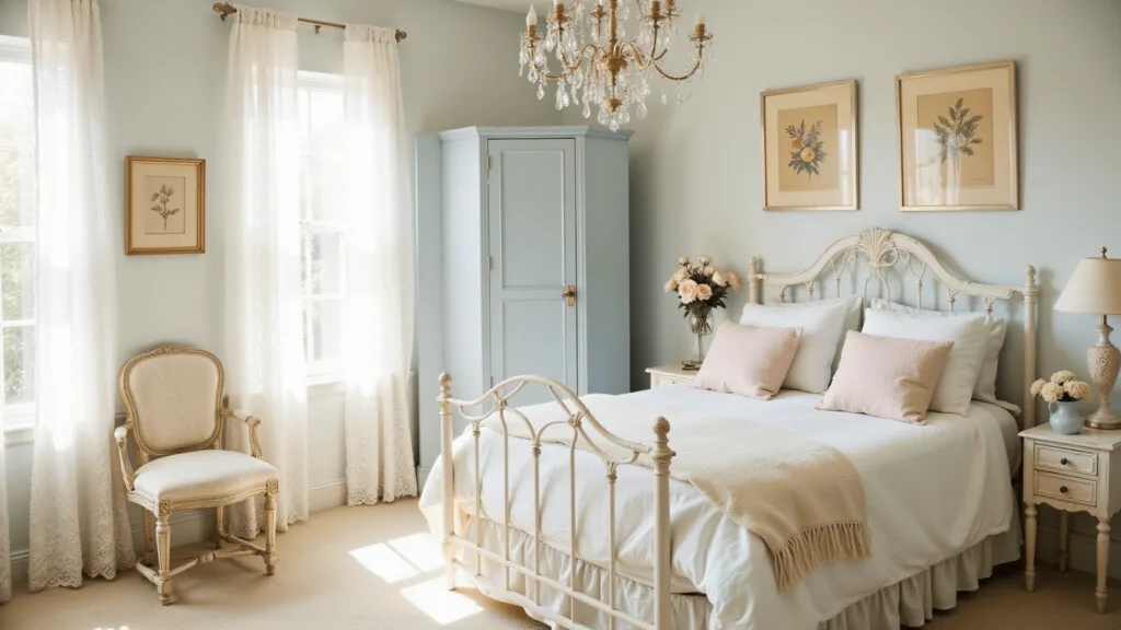 "Shabby chic bedroom with vintage furniture, pastel linens, crystal chandelier and sunlit lace curtains"