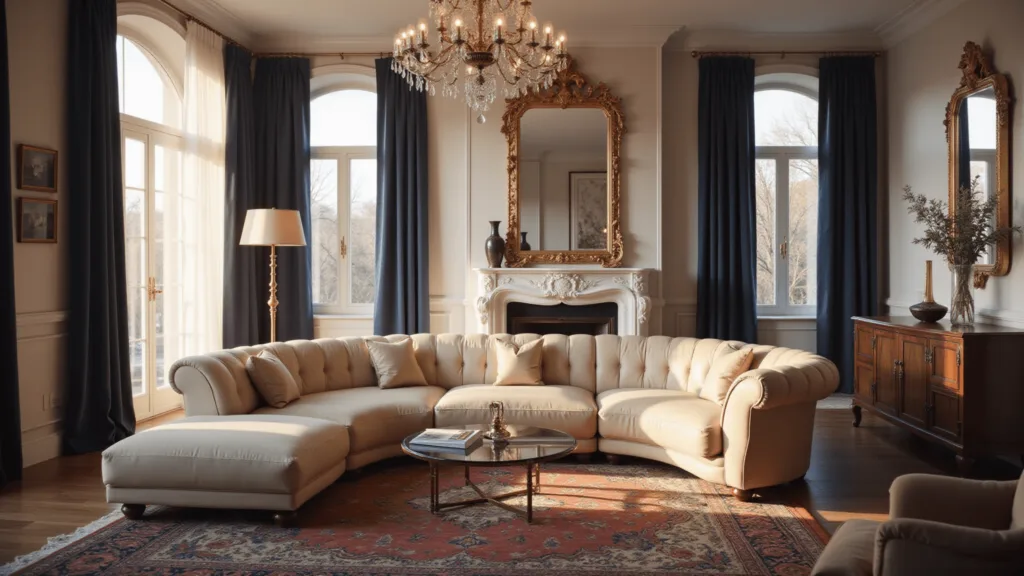 "Elegant living room featuring cream leather sectional, crystal chandelier, gold mirrors, white marble fireplace, and Persian rug, bathed in warm golden hour light."
