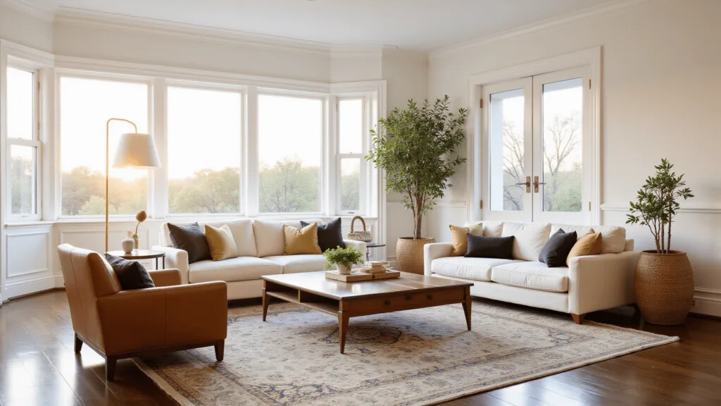 "Elegant living room during golden hour with cream sofa, cognac leather armchairs, walnut coffee table, and Persian rug, illuminated by brass floor lamps"