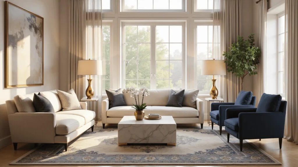 "Elegant living room with cream linen sofa, brass floor lamps, Persian rug, white marble coffee table with orchid centerpiece, navy velvet accent chairs against ivory walls during warm golden hour."
