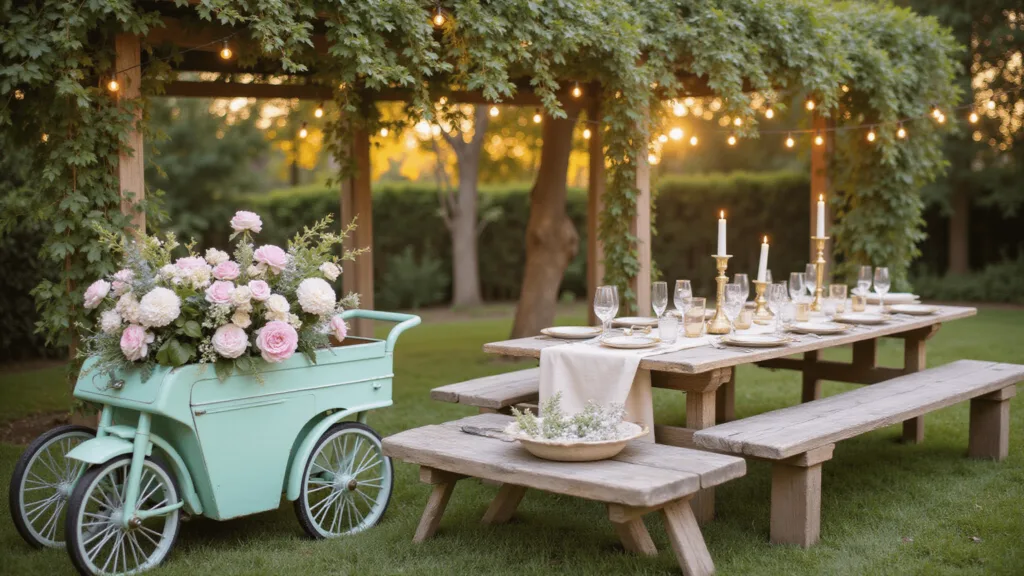 "Dreamy garden party setup with vintage cart filled with pastel flowers, farmhouse table with glassware, under a canopy of twinkling string lights at dusk"