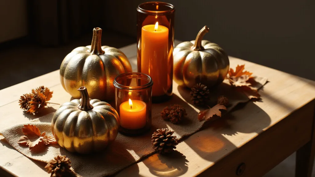 "Rustic coffee table with mercury glass pumpkins, amber candles, pinecones and fall leaves during golden hour"