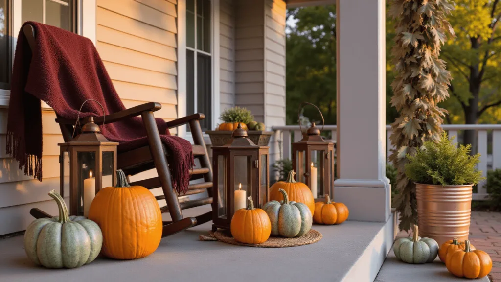 "Autumn-themed porch decor with heirloom pumpkins, copper lanterns, a vintage rocking chair, and preserved oak leaf garland at golden hour"