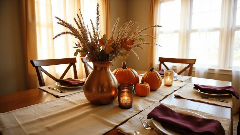 "Rustic dining table set with autumnal decoration featuring mini pumpkins, wheat stalks, and copper vessels, lit by soft morning light."