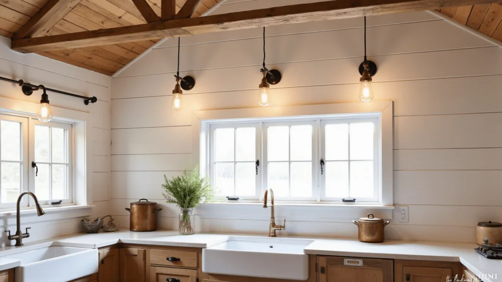 "Vintage farmhouse kitchen with rustic wooden beams, aged brass pendants, and whitewashed cabinets"