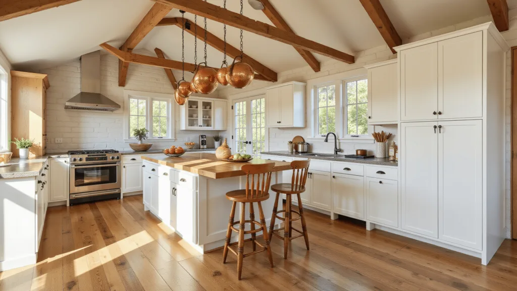 "Sunlit farmhouse kitchen with oak flooring, white cabinets, butcher block island, and hanging copper pots"