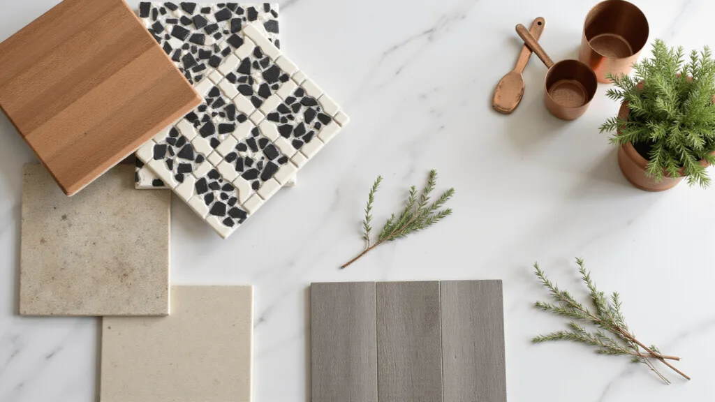 "Farmhouse kitchen flooring samples including oak, mosaic tiles, terracotta, limestone, porcelain, vinyl planks and laminate on a marble surface, styled with copper measuring cups, dried lavender and a potted rosemary plant."