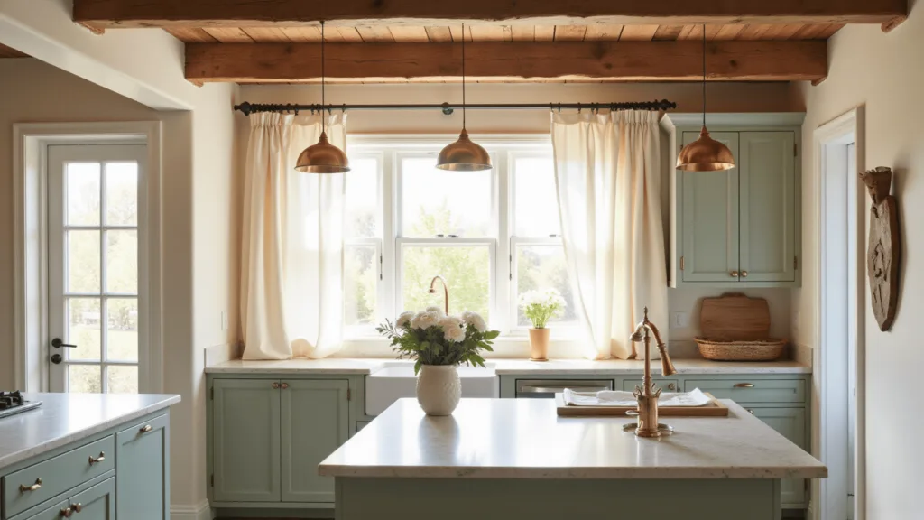 "Cozy farmhouse kitchen with white linen curtains, vintage copper lights, sage green accents, and rustic wooden beams in warm morning sunlight"
