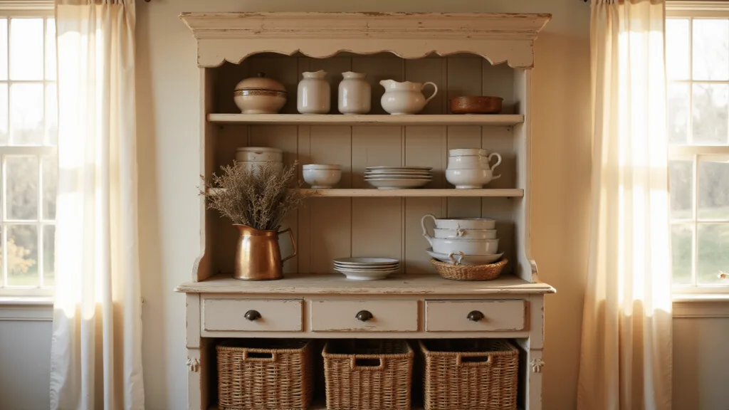 "Vintage farmhouse kitchen hutch with arranged ceramics, a copper pitcher with dried herbs and woven baskets, illuminated with soft morning sunlight."