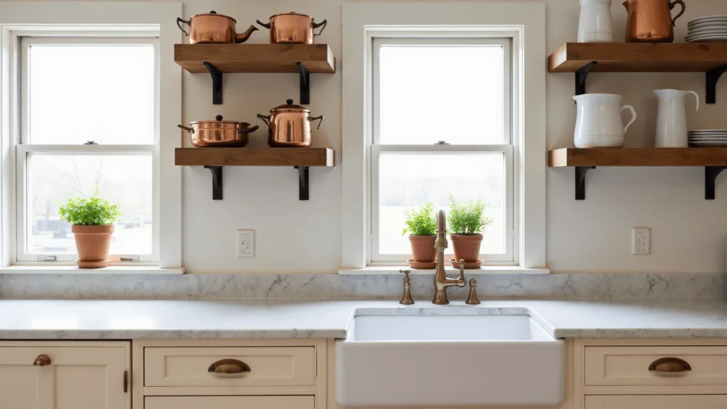 "Sunlit farmhouse kitchen with cream cabinets, reclaimed wood shelves, and vintage copper cookware"