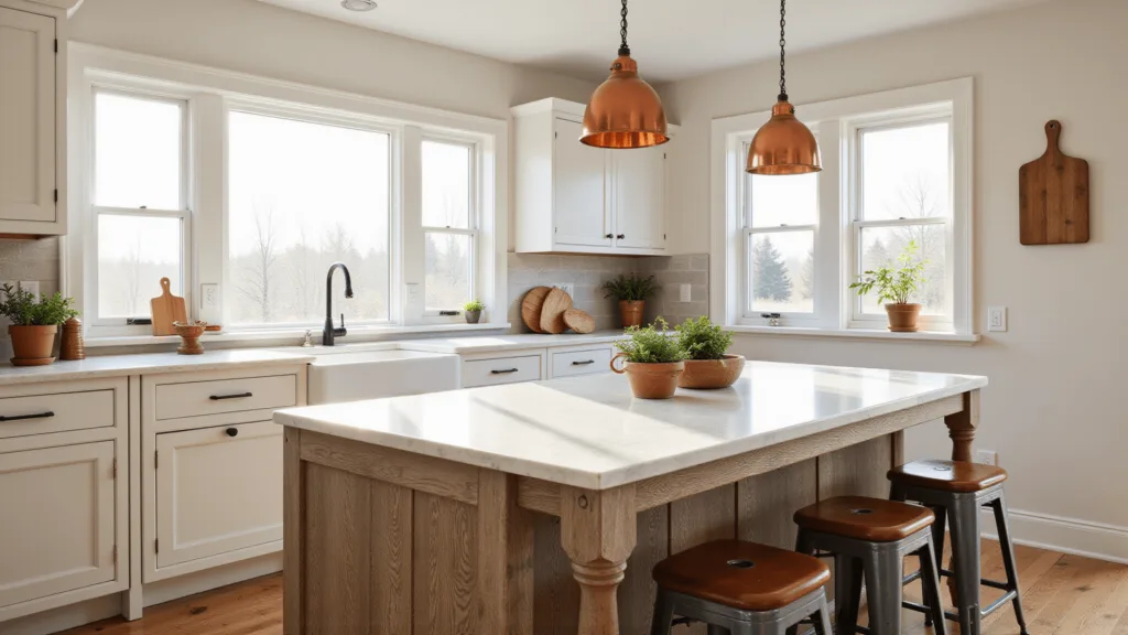 "Rustic farmhouse kitchen island with oak base, marble top, vintage copper pendant lights, and styled with artisanal cutting boards, potted herbs, and metal stools."
