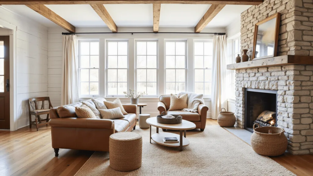 "Rustic farmhouse living room with whitewashed walls, wooden beams, leather sofa, and stone fireplace under warm, natural light."