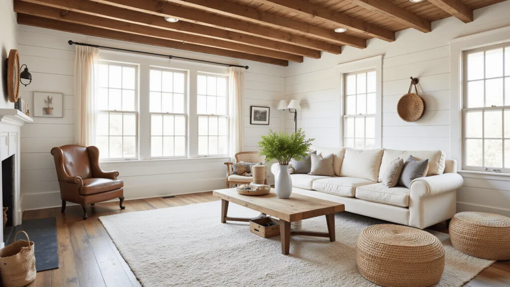 "Rustic farmhouse living room with wooden beams, cream linen sofa, vintage leather armchair, and woven baskets in natural light."