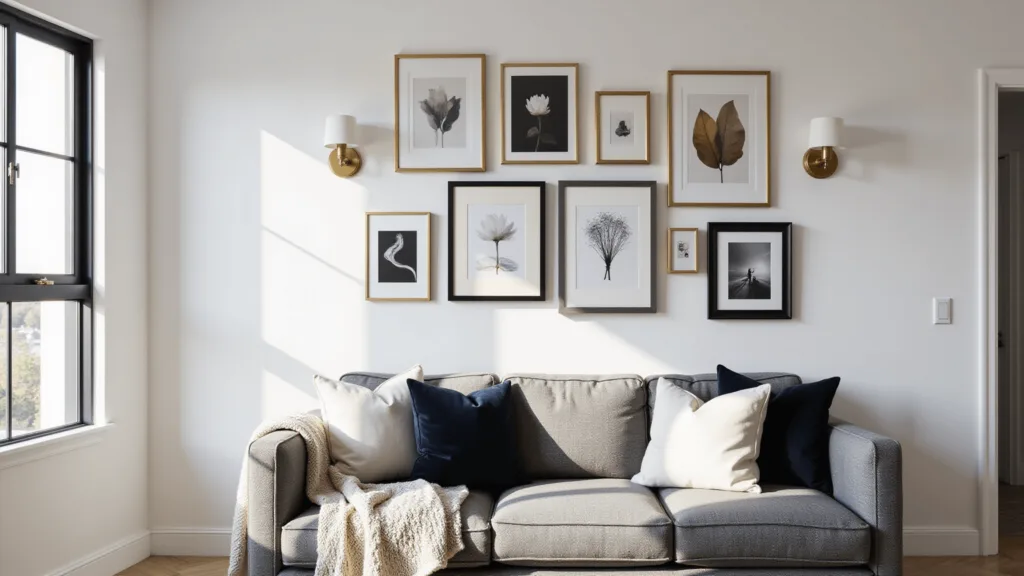 "Contemporary living room with gallery wall above grey sofa bathed in natural light"