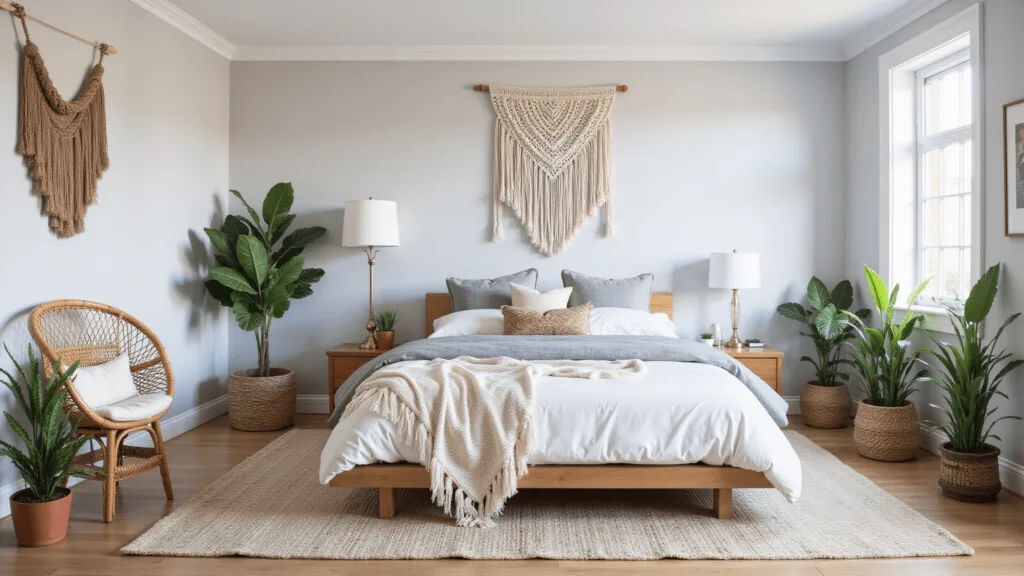 "Grey boho-style bedroom with macramé wall art, rattan chair, monstera plants and brass floor lamp"