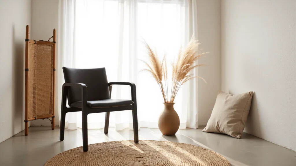 "Japandi minimalist armchair in matte black with bamboo screen, ceramic vase and neutral linen cushion, illuminated by soft natural light, in a space with white walls and a handwoven jute rug"