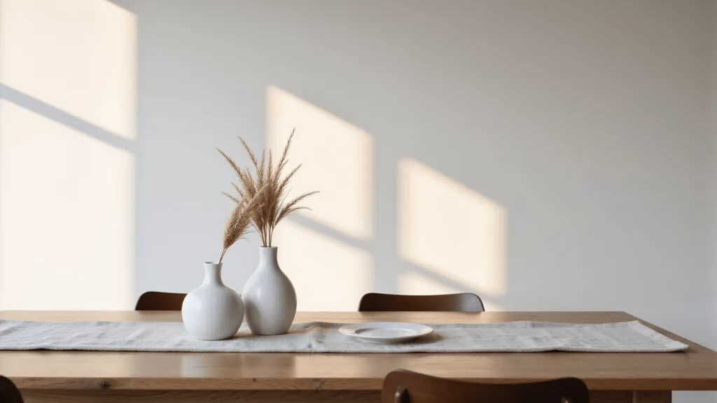 "Japandi-style dining room with oak table, ceramic vases, pampas grass, and golden hour sunlight"