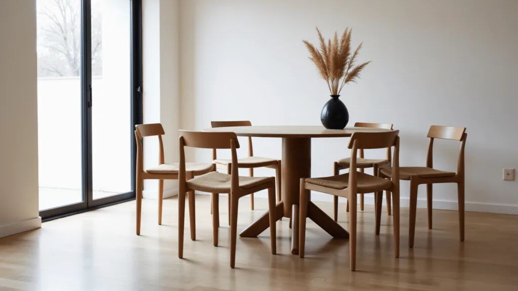 "Japandi style dining room with light oak table, minimalist chairs, and geometric pendant light in morning sunlight"