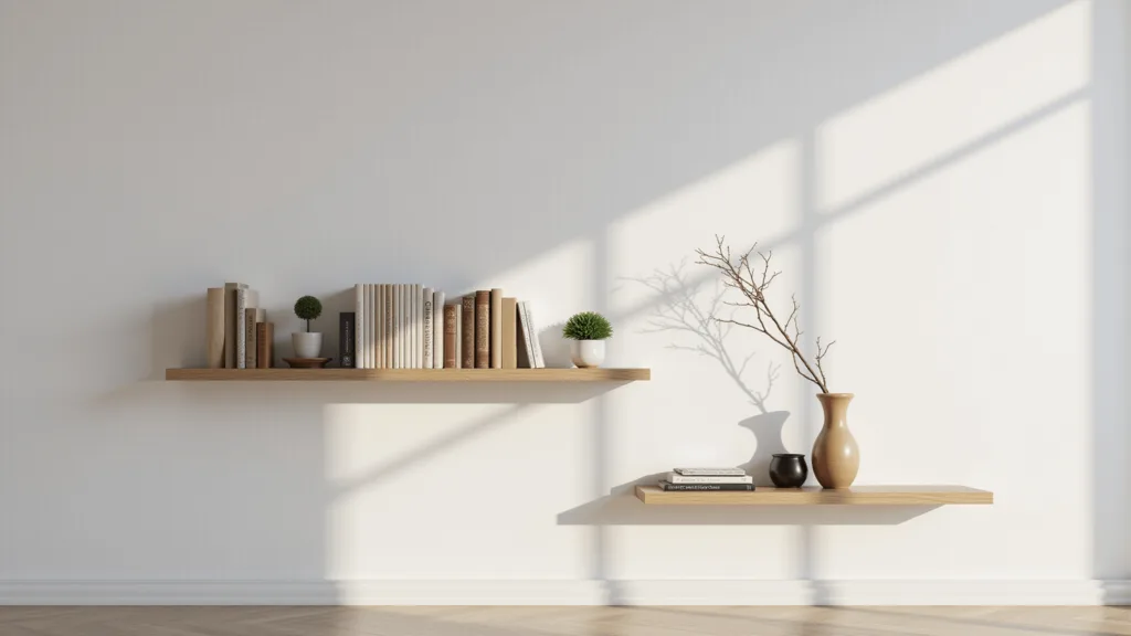 "Minimalist living room with white oak floating shelves, neutral toned books, ceramic vase, bonsai plant, in soft natural light for Japandi aesthetic."