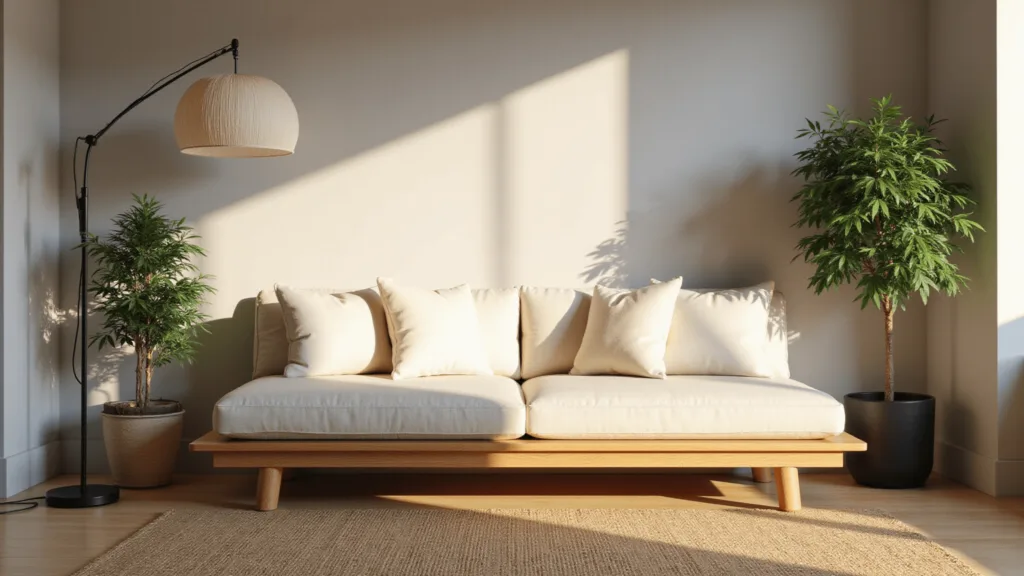 "Minimalist Japandi-style living room illuminated by warm golden hour light, featuring a white oak platform sofa, rice paper lamp, black floor lamp, jute rug, and potted bamboo against pale gray walls"