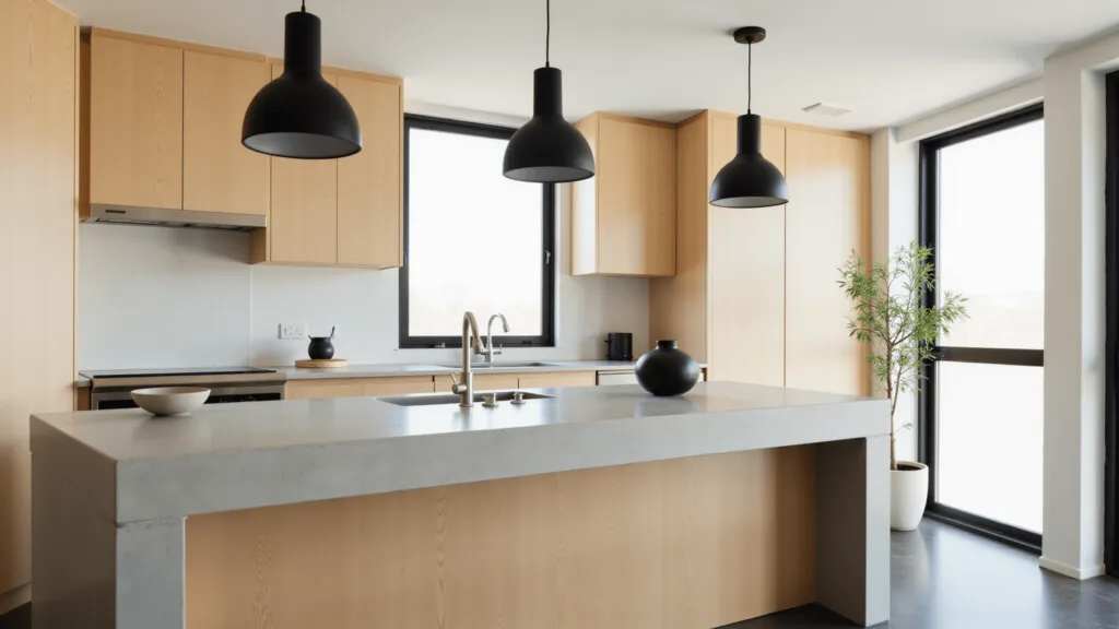 "Minimalist Japandi kitchen with soft lighting, blonde wood cabinets, concrete countertops, and a gray waterfall island under black pendant lights."