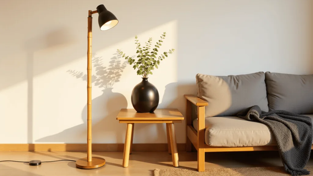 "Minimalist Japandi living room with bamboo floor lamp, oak sofa, eucalyptus in ceramic vase, and natural textures during golden hour."