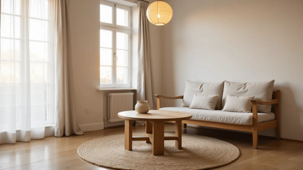 "Serene Japandi-style living room with natural oak furniture, linen textiles, a ceramic vase, a paper lantern, in muted earth tones creating a minimalist zen atmosphere."