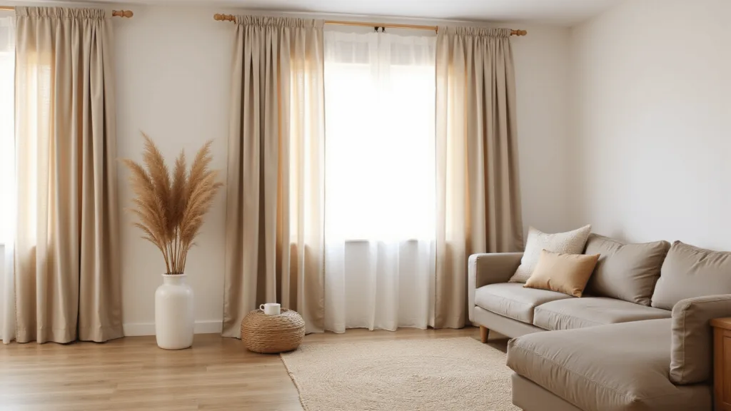 "Japandi inspired living room with neutral curtains, minimalist decor, oak sofa and pampas grass in a ceramic vase"