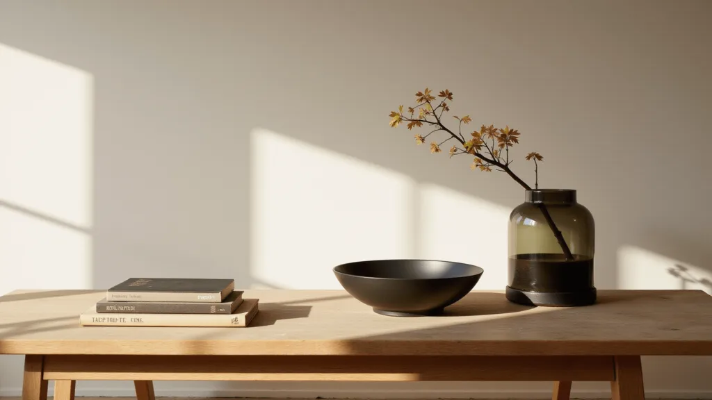"Serene Japandi-style living room with oak coffee table and minimalistic decor in natural lighting"