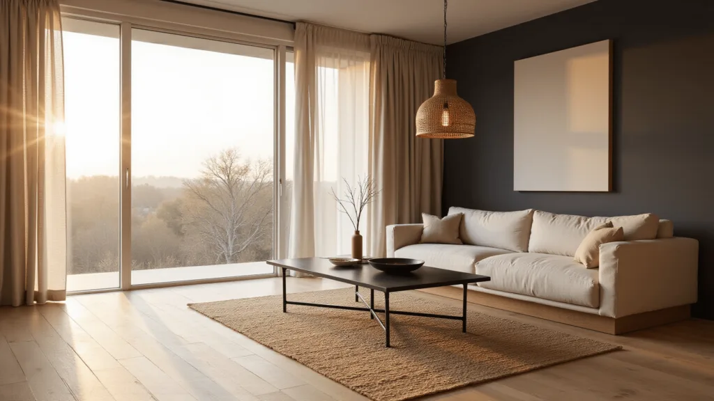"Minimalist Japandi-style living room featuring oak platform sofa, bamboo flooring, and charcoal accent wall during golden hour"