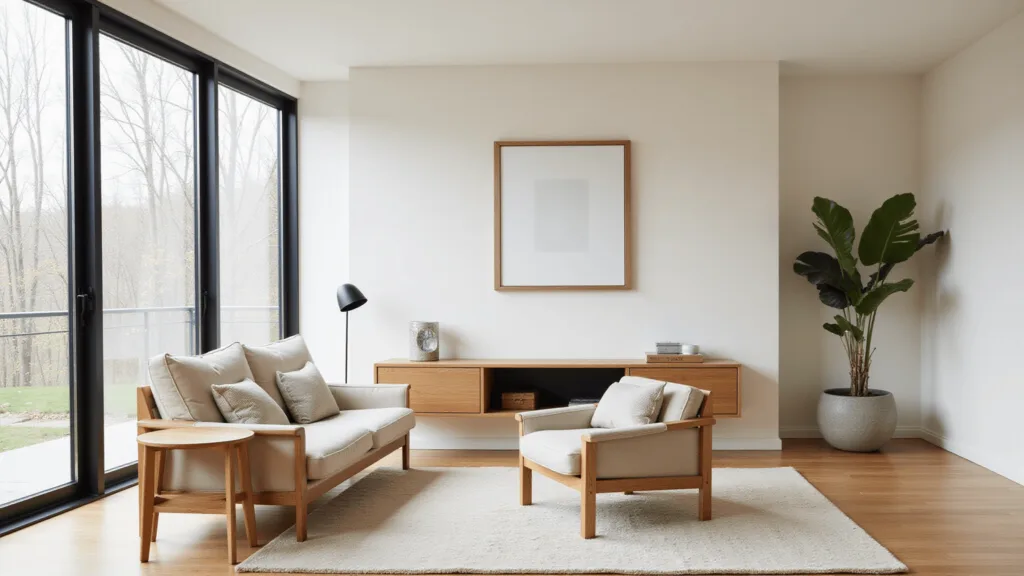"Minimalist Japandi style living room with oak furniture, floor-to-ceiling windows, black-framed artwork, and a fiddle leaf fig plant in natural daylight"