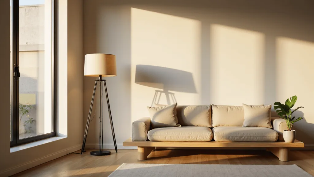 "Japandi-style minimalist living room with black geometric floor lamp, light oak platform sofa, and monstera plant in a calm atmosphere with golden light streaming through floor-to-ceiling windows"