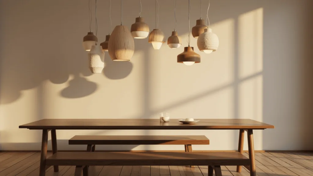 "Japandi pendant lights with natural wood and paper in warm beige and white hues over a walnut dining table in a modern interior with Japanese and Scandinavian design elements"