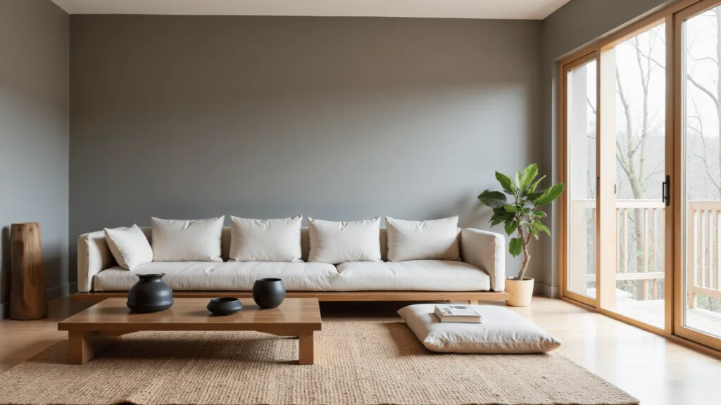 "Minimalist Japandi style living room with natural light, walnut platform sofa, oak coffee table, matte black ceramic vessels, and fiddle leaf fig plant"