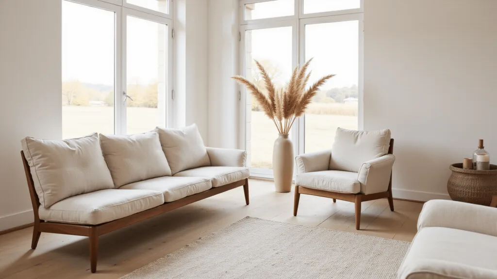 "Sunlit Japandi-style living room with walnut sofa, oatmeal linen chairs, and pampas grass in ceramic vase"
