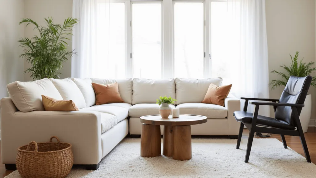 "Contemporary Japandi living room with a linen couch, natural wood accents, bamboo plant, and morning sunlight filtering through sheer curtains"