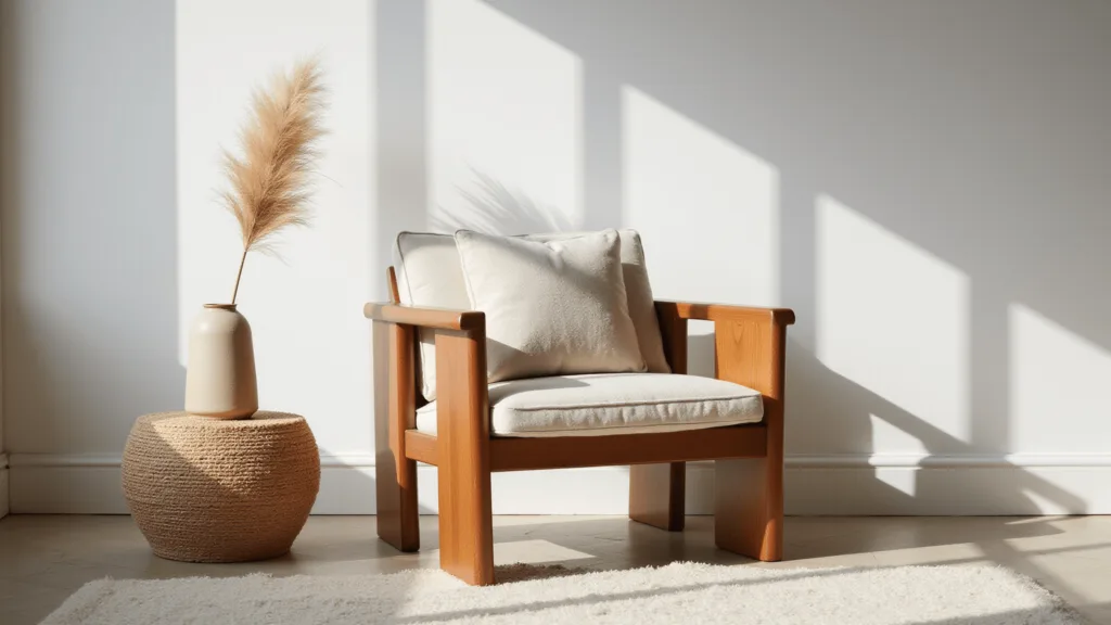 "Japandi-style living room corner with teak and linen accent chair, woven bamboo side table, and ceramic vase under natural sunlight."